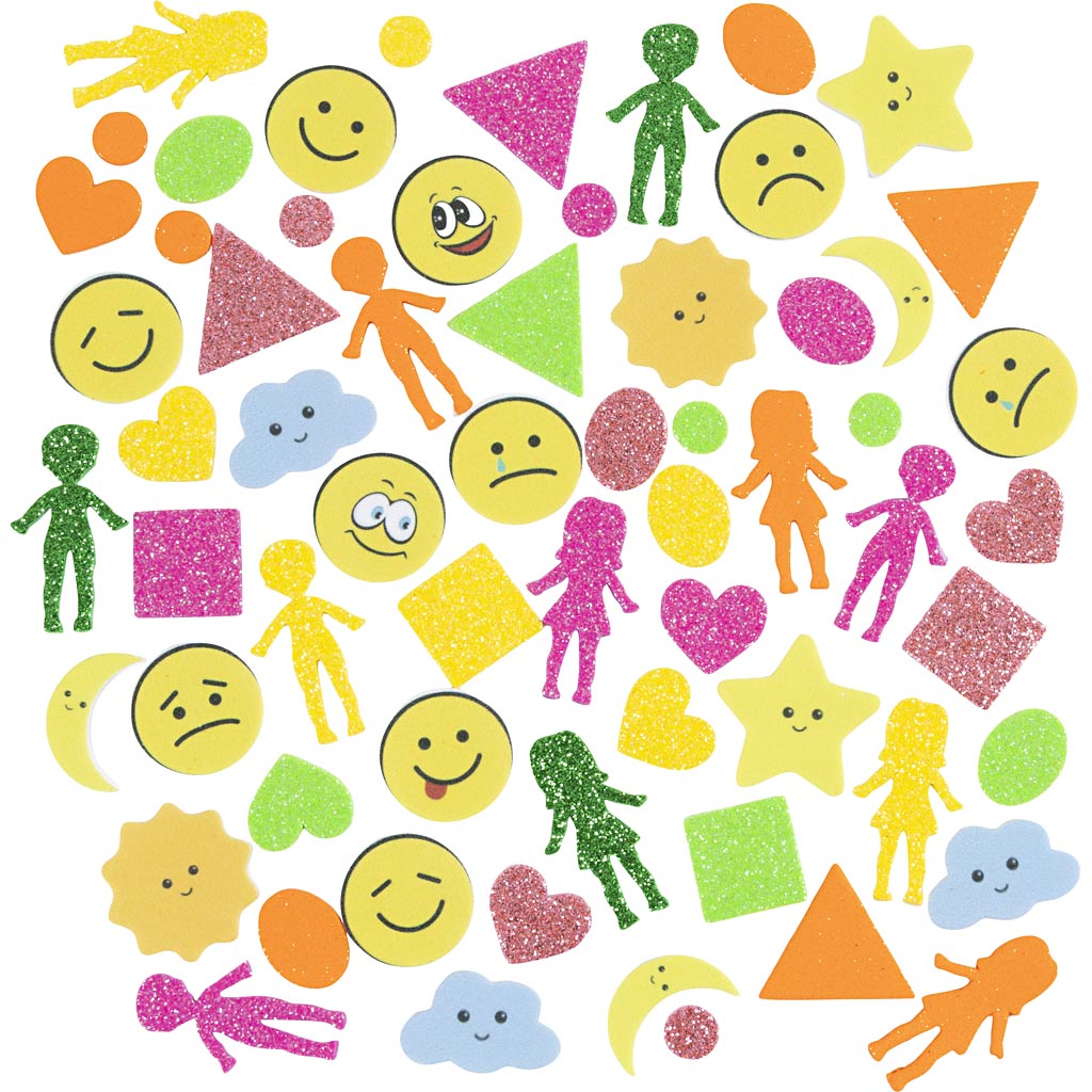 Creativ company Autocollants en mousse, géométrie, personnes, météo, smileys, autocollants, taille 10-40 mm, colorés, 175 pièces 1 boîte