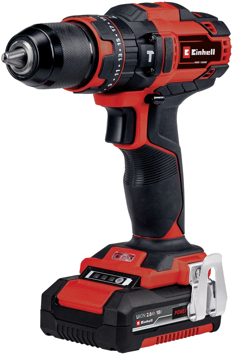 Perceuse-visseuse à percussion sans fil Einhell te-cd 18 40 li-i +64 kit - power x-change - 18 v li-ion - avec fonction impact - 40 nm - 2 vitesses - max. 24 000 courses min - incl. 1x batterie 2,0 Ah, accessoires de chargeur