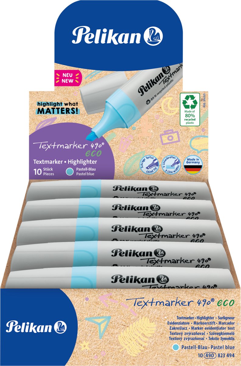 Pelikan marqueur de texte 490 - surligneur écologique - bleu pastel - 10 pièces