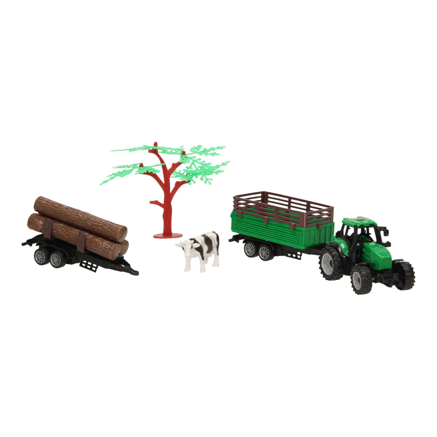 Tracteur avec remorque, grumes et vache