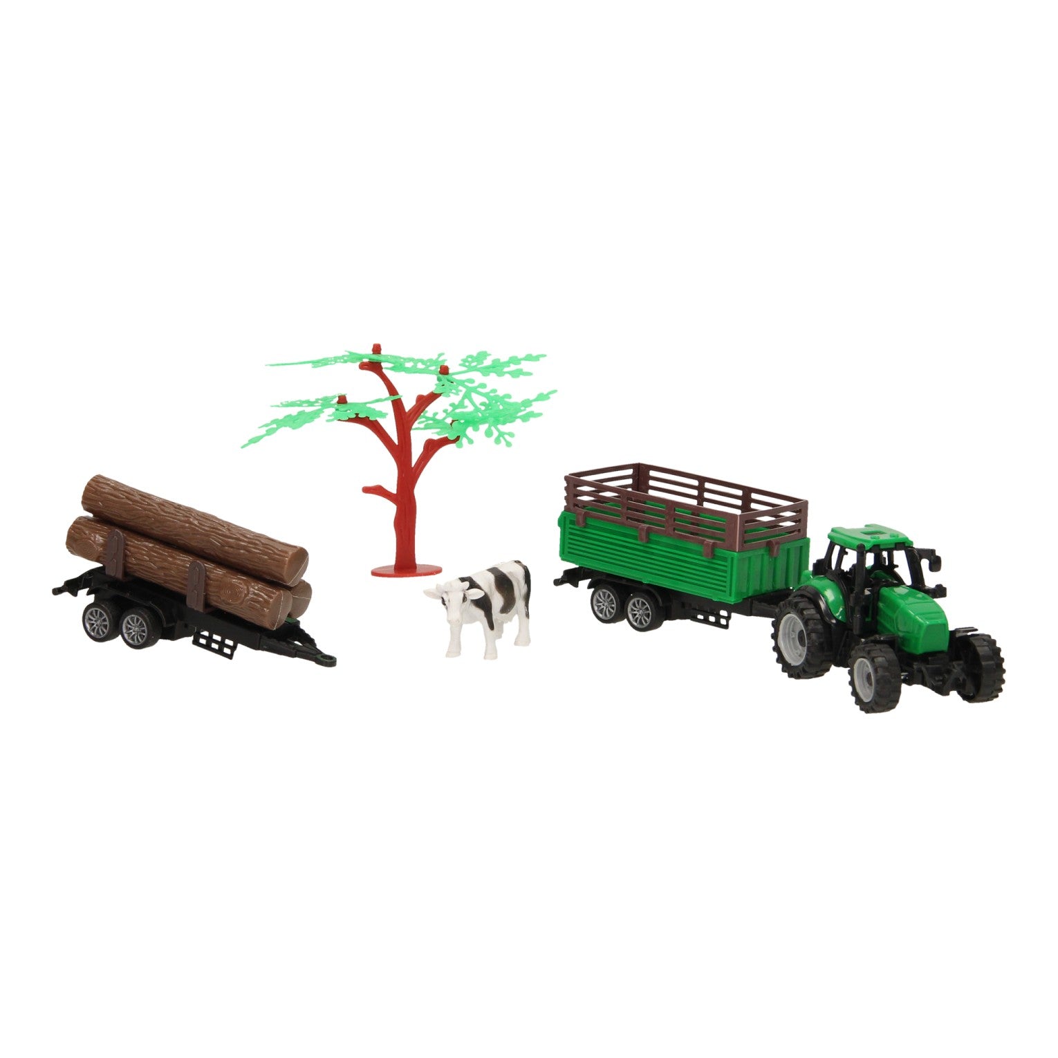 Tracteur avec remorque, grumes et vache