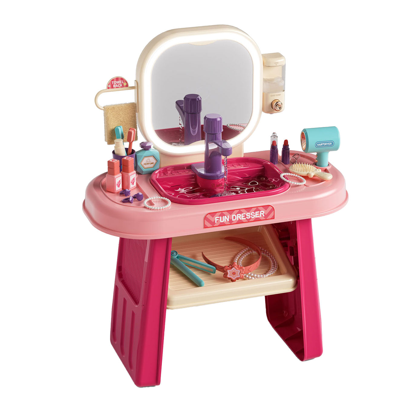 Table de coiffure rose avec accessoires