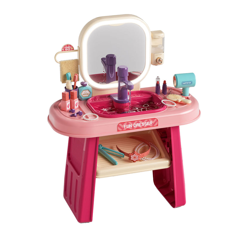 Table de coiffure rose avec accessoires
