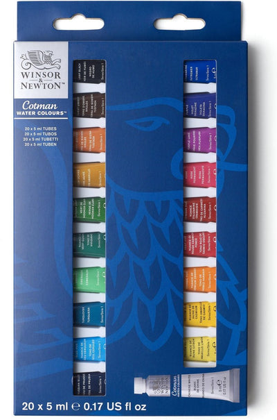 Winsor Newton 0390665 Cotman Kit de peinture aquarelle – Kit débutant 20 x 5 ml – Couleurs aquarelles essentielles avec pigments de haute qualité