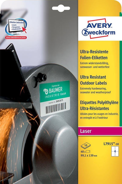 Étiquettes Avery ultra résistantes pour usage extérieur pi 99,1 x 139 mm (l x h), boîte de 40 étiquettes