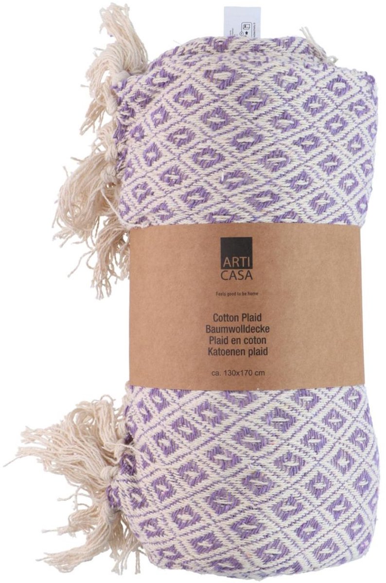 Plaid en coton Arti casa - 130x170 cm - couverture décorative avec franges - plaid soft living - violet