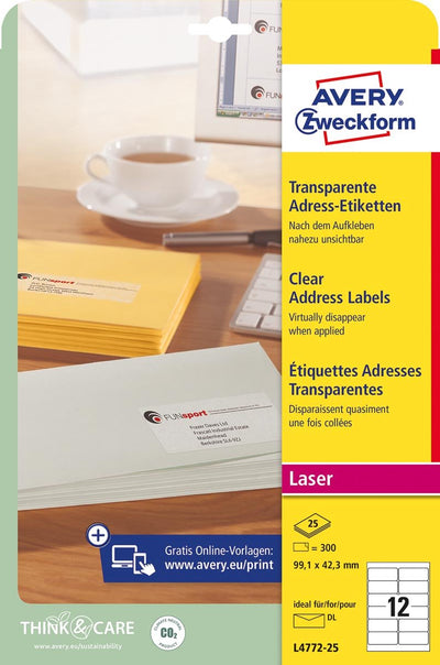 Etiquettes d'adresse avery zweckform quickpeel transparentes 300 pièces