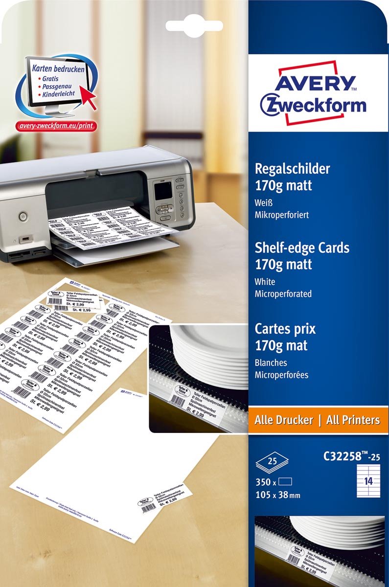 Cartes d'étagère Avery 105x38mm 170gr blanc 25 feuilles 14 cartes par feuille