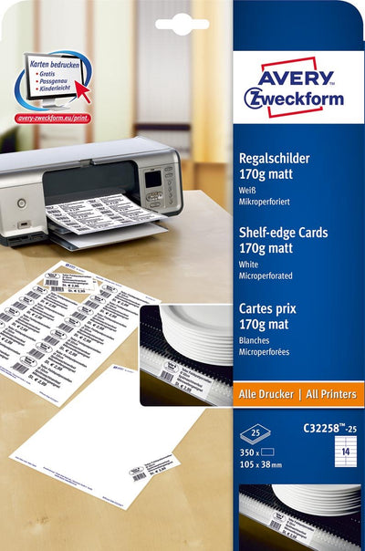 Cartes d'étagère Avery 105x38mm 170gr blanc 25 feuilles 14 cartes par feuille