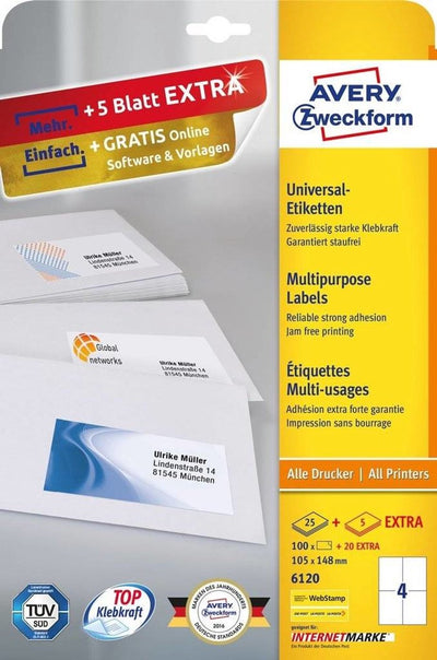 Avery zweckform 6120 - étiquettes - blanc - a6 (105 x 148 mm) - 100 étiquette(s) (6120)