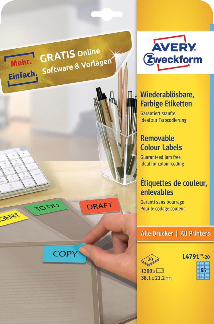 Etiquette laser avery 38 - 1x21 - 2mm 20 feuilles 65 étiquettes par feuille bleu