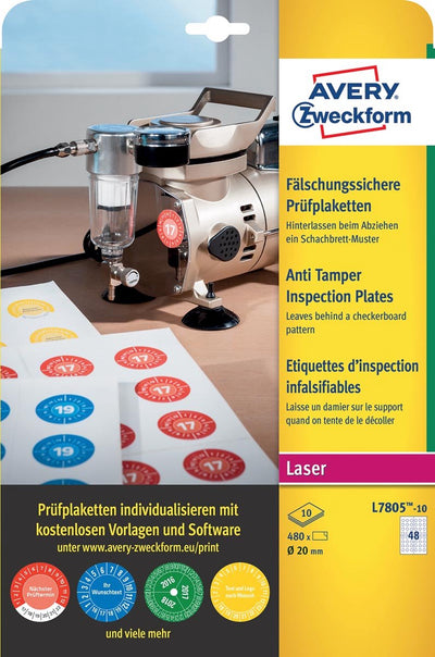 Tampons d'inspection Avery 20mm - boîte 10 feuilles 48 par feuille laser