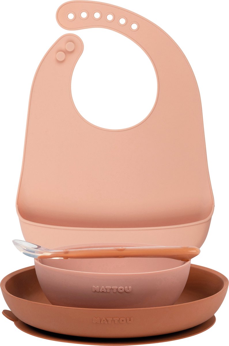 Nattou service de table 4 pièces en silicone avec bavet pour enfant - assiette + bol + cuillère - rose
