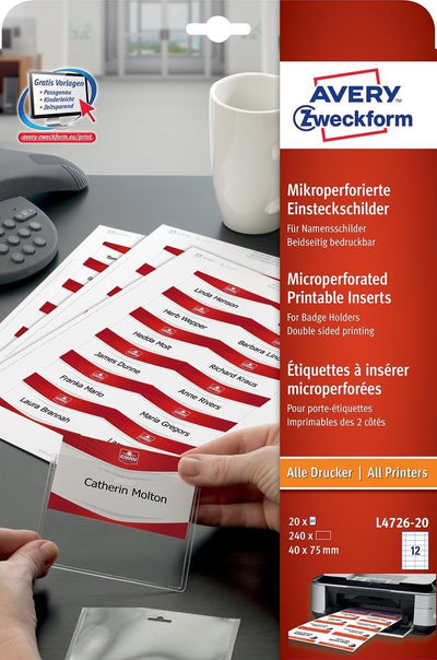 Carte d'insertion de badge Avery 40x75mm 190gsm 20 feuilles