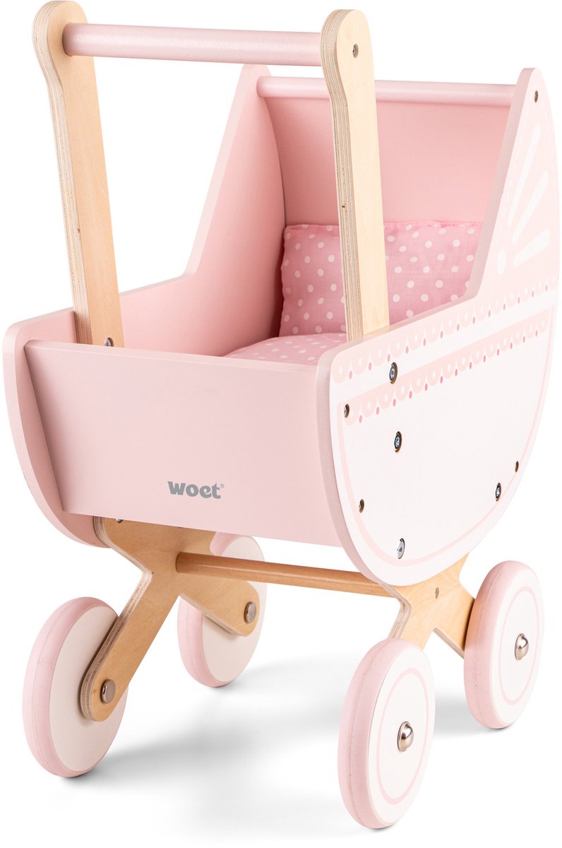 Landau de poupée en bois Woet ® - avec couette - landau jouet rose - hauteur de poussée 50 cm - accessoire de poupée de jeu de rôle - à partir de 3 ans