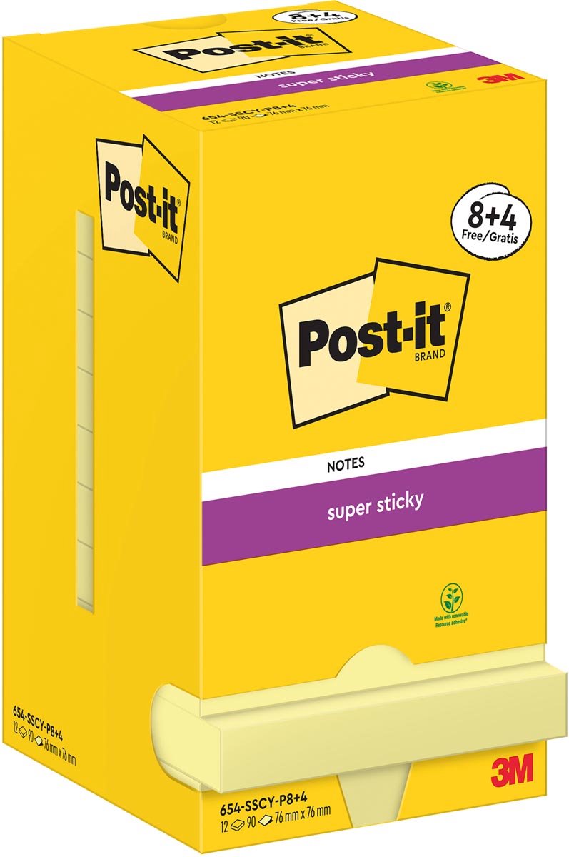 Notes super collantes post-it 654-sscy-p8+4 76x76 mm uni jaune