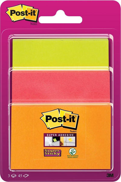 Feuillets super collants Post-it®, colorés, différentes tailles 1 bloc : 47,6 mm x 76 mm 1 bloc : 76 mm x 76 mm 1 bloc : 76 mm x 101 mm, orange fluo, rose fluo, vert fluo, 3 blocs