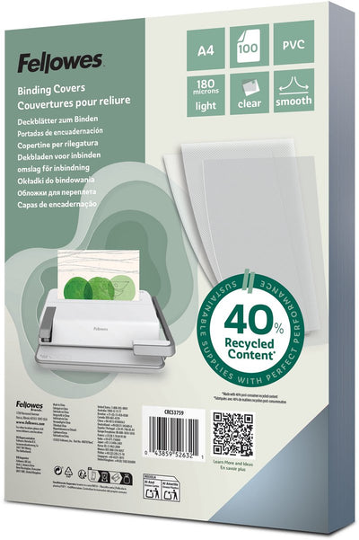 Pack 100 couverture reliure transparente 5375901 Fellowes pvc a4