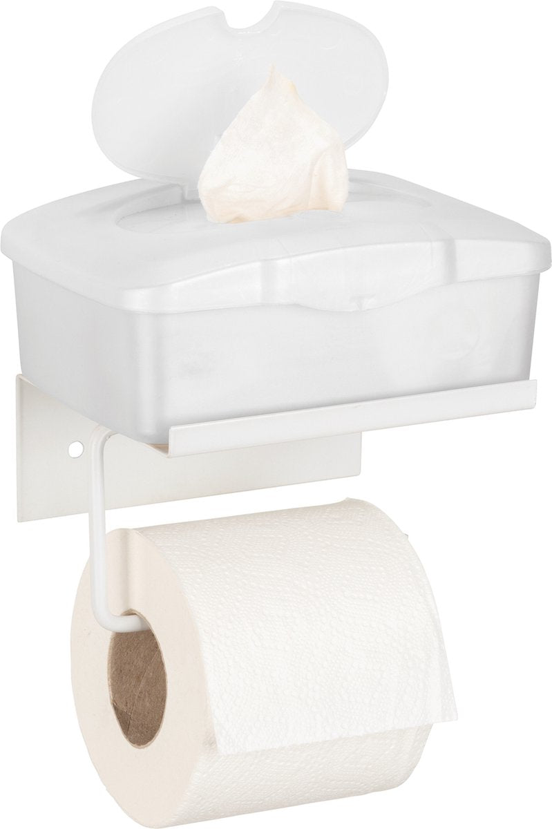 Wenko Porte-rouleau de papier toilette avec étagère desulo acier blanc mat - Porte-rouleau de papier toilette avec étagère - Porte-papier toilette avec plateau - Fixation avec ou sans vis - Autocollant