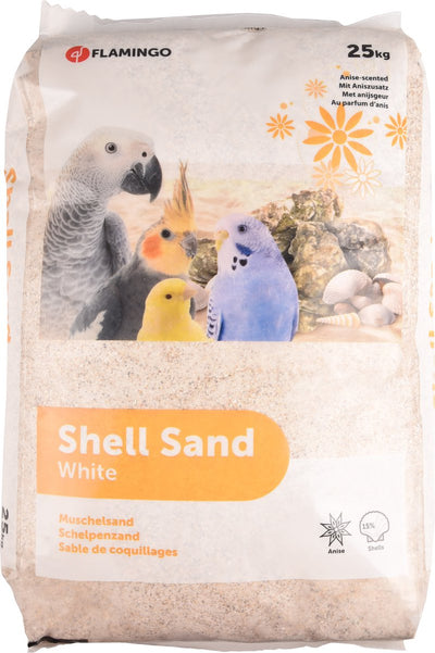Cage à oiseaux Flamingo – Sable de coquillage anis – Sable de coquillage blanc au parfum d'anis – Coquilles d'huîtres broyées – 25 kg – Hygiénique riche en calcium – Qualité européenne