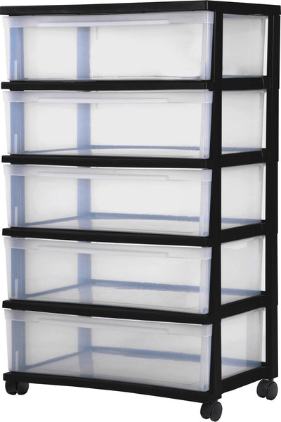 Iris nouveau système de tiroirs larges pour commode - 5 tiroirs x 30l - plastique - noir transparent - avec roulettes
