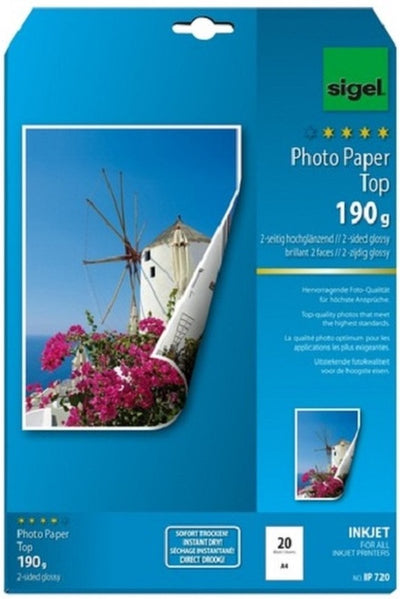 Papier photo jet d'encre Sigel - haut - a4 - brillant - double face - 190 grammes - 20 feuilles - si-ip720