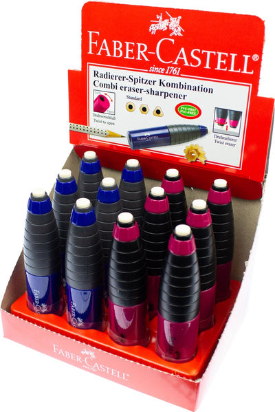 Faber-castell taille-crayon + gomme - rouge bleu - présentoir - 12 pièces - fc-184401