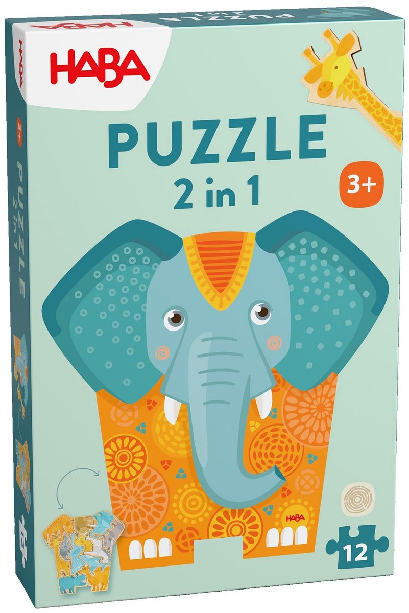 Puzzle Haba - 2 en 1 - éléphant - bois - 12 pièces - 3+