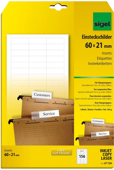 Étiquettes à insérer Sigel - pour dossiers suspendus - 4 x 156 pièces - 60x21mm - si-lp-720