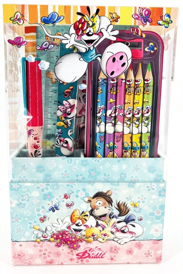 Diddl - set de papeterie 12 pièces - stylo - règle - gomme - taille-crayon - étui en métal avec crayons de couleur - carnet