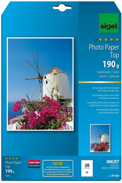 Papier photo jet d'encre Sigel - haut - a4 - mat soyeux - recto - 190 grammes - 20 feuilles - si-ip684