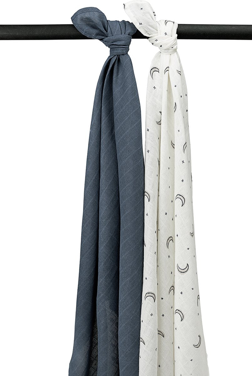 Emmaillotage bébé lune Meyco - pack de 2 - hydrophile - indigo - 120x120cm