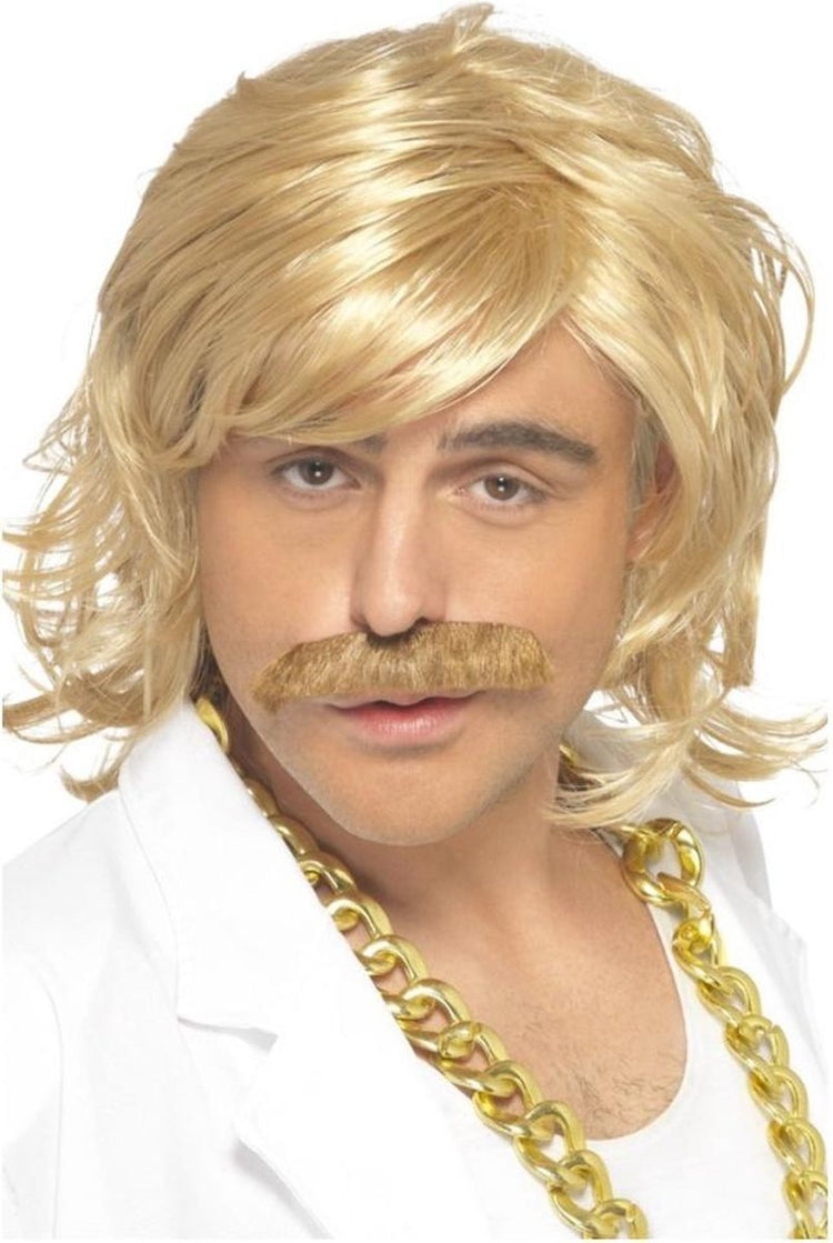 Perruque de déguisement de carnaval Smiffys pour hommes - Sjonnie Allemagne - avec tapis et moustache - blonde - années 80 80