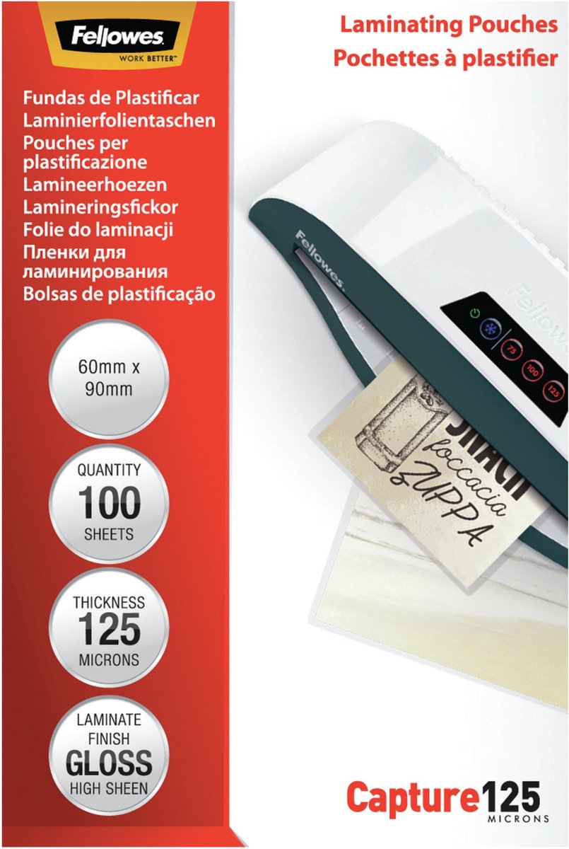 Feuille de plastification Fellowes 60x90 mm - brillante - 125 microns - 100 pièces