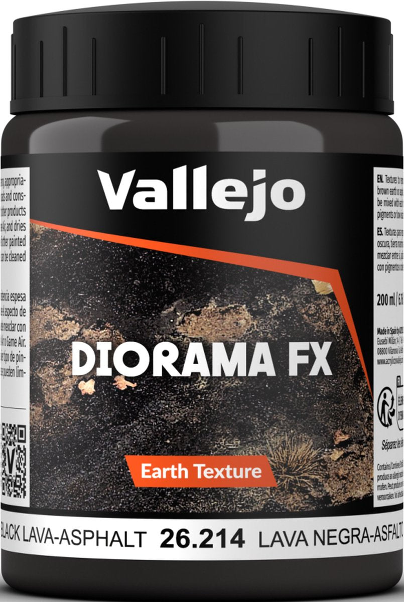 Décoration de modélisme Vallejo - 26214 textures de terre 214 - asphalte de lave noir - pot à effets 200 ml