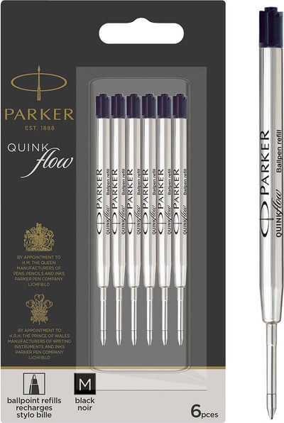 Recharges pour stylo à bille Parker | pointe moyenne (1,0 mm) | encre noire quinkflow | 6 pièces