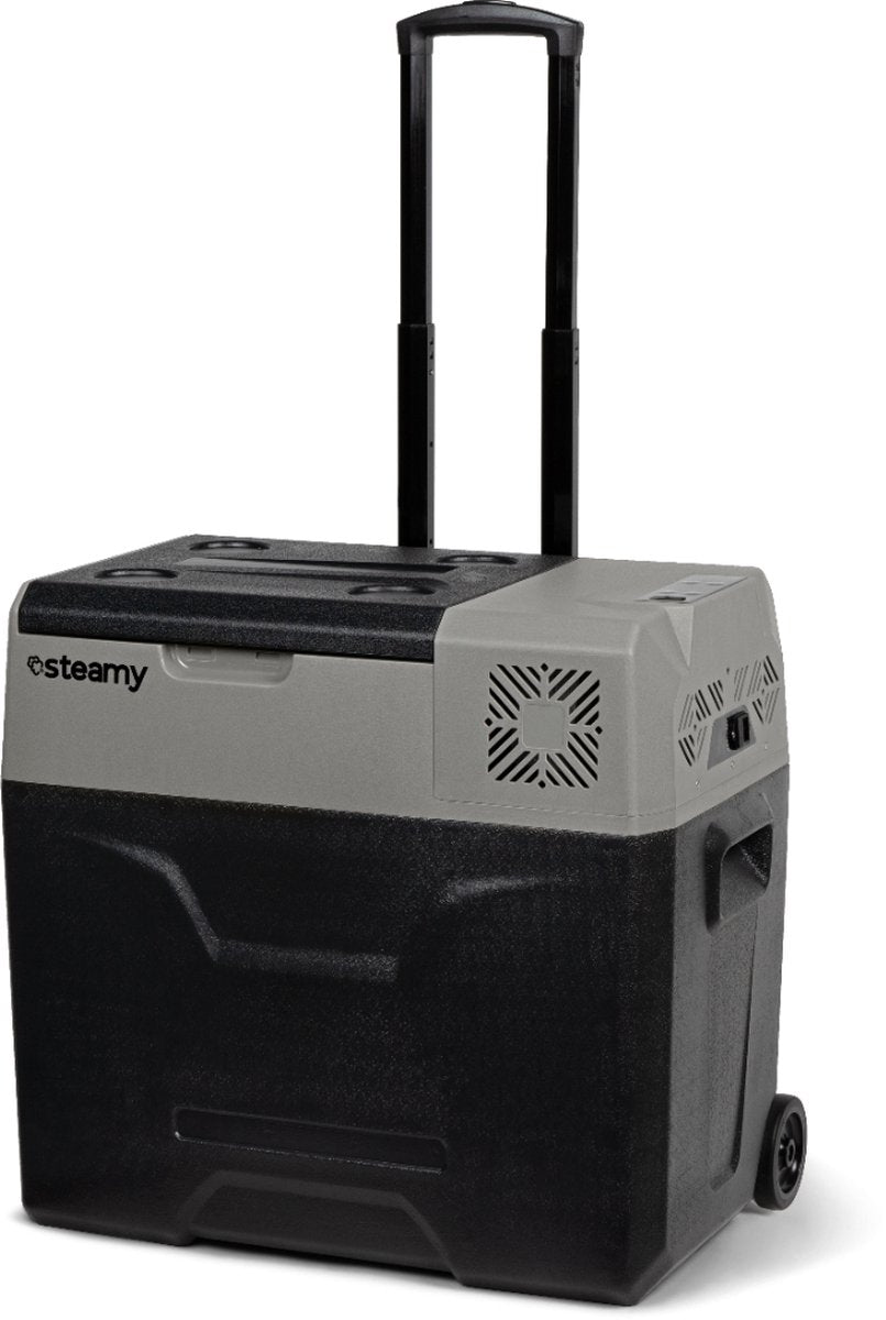 Glacière électrique à compresseur mono zone Steamy-e sur roulettes - 47 litres - 12v et 230v - pour voiture et camping - grise
