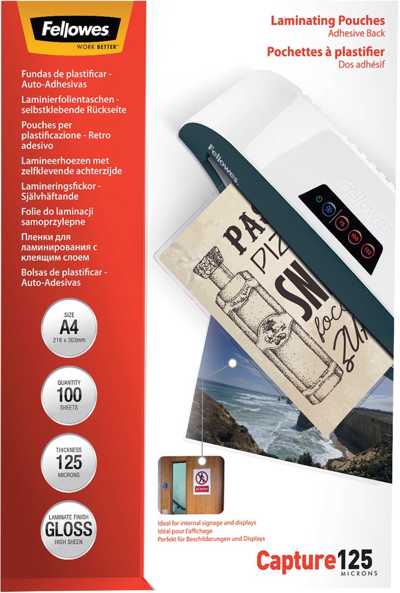 Fellowes pochettes de plastification a4 125 microns autocollantes, 100 pièces