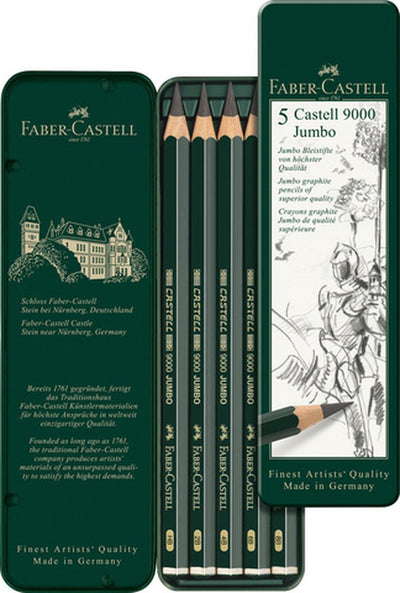 Faber-castell ensemble de crayons graphite - série 9000 jumbo - étui en fer blanc de 5 pièces - fc-119305