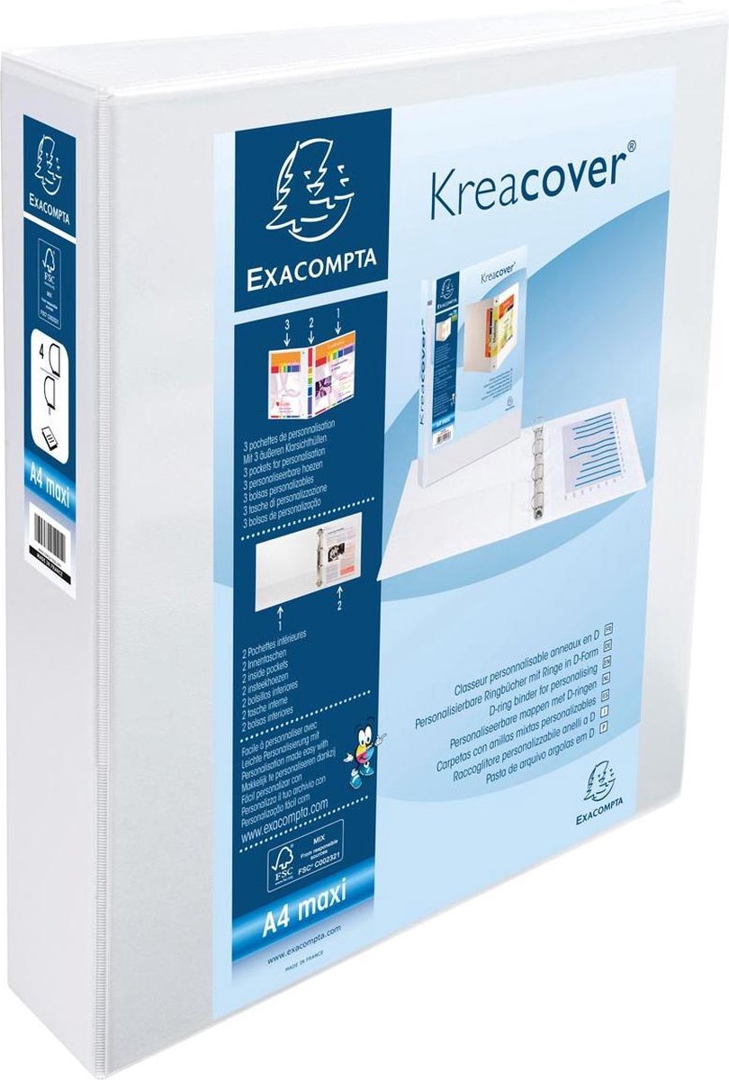 Exacompta classeur à anneaux pp kreacover a4+ 4d-r 50mm blanc