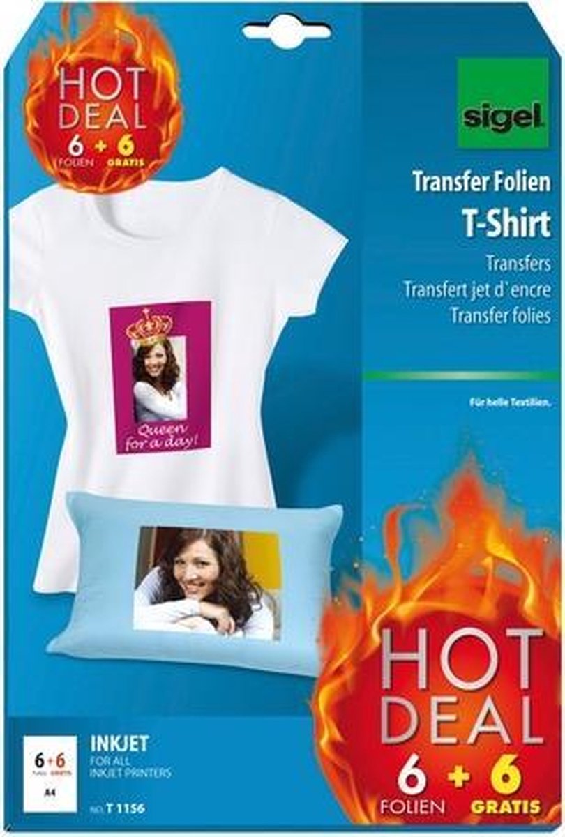 Feuille de transfert jet d'encre Sigel - a4 - vierge - 6 feuilles + 6 feuilles gratuites - pour textiles d'habillement légers - si-t1156