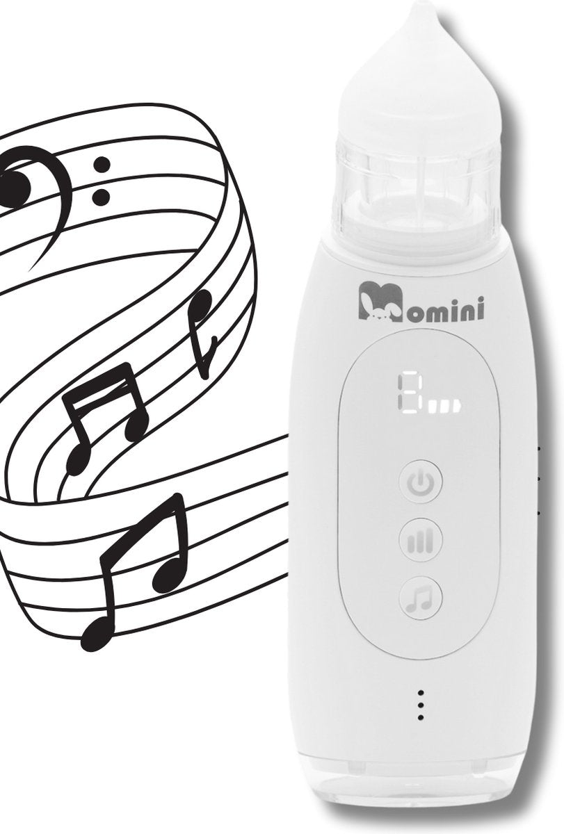 Nettoyeur nasal automatique Momini Breezy - Aspirateur nasal pour enfants - Autonettoyant - Fonction musique - Résistant à l'eau ipx6 - Blanc