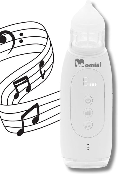 Nettoyeur nasal automatique Momini Breezy - Aspirateur nasal pour enfants - Autonettoyant - Fonction musique - Résistant à l'eau ipx6 - Blanc
