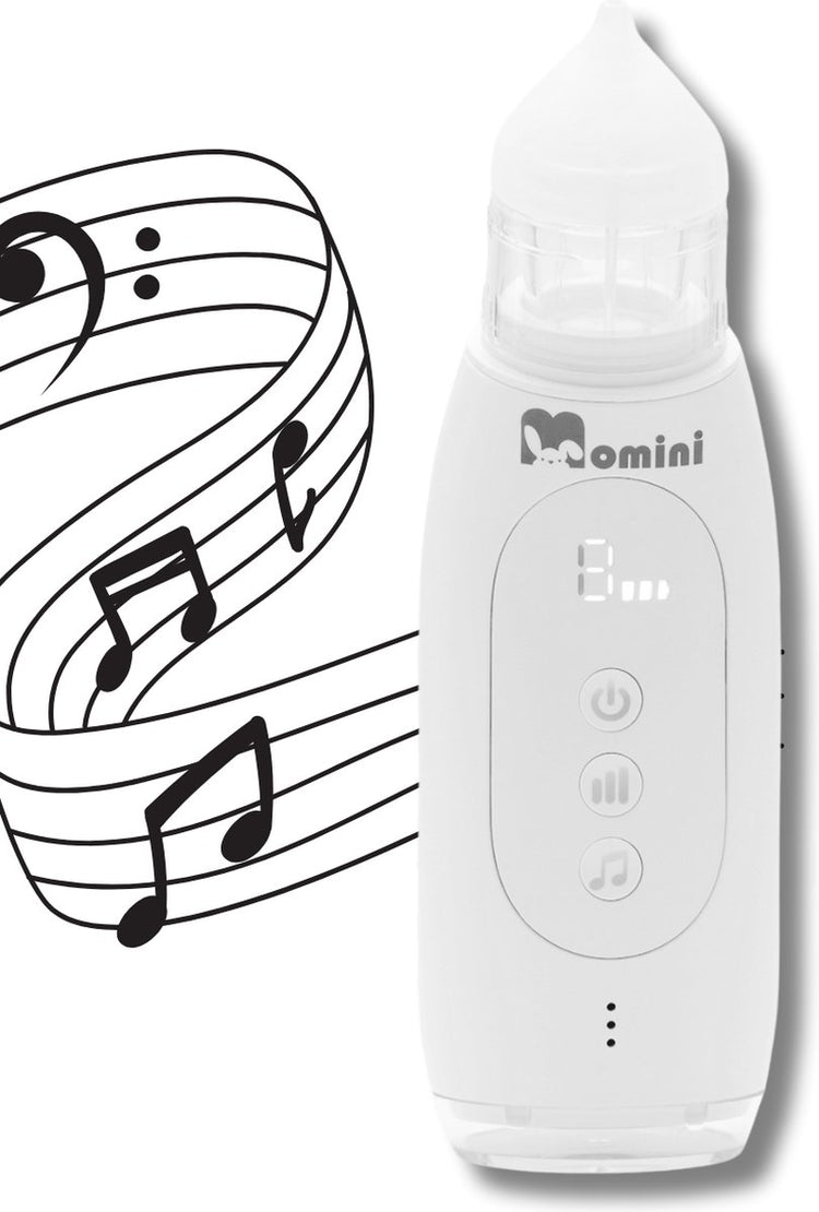 Nettoyeur nasal automatique Momini Breezy - Aspirateur nasal pour enfants - Autonettoyant - Fonction musique - Résistant à l'eau ipx6 - Blanc
