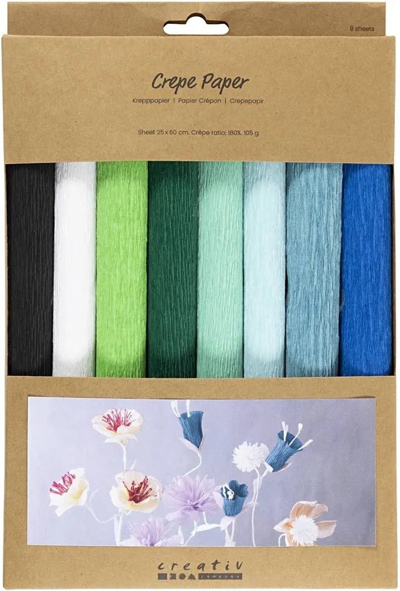 Papier crépon Creativ company, feuille 25x60 cm, taux de crêpe : 180%, 105 gr, harmonie bleu vert, 8 feuilles 1 boîte