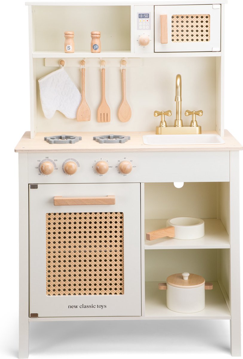Cuisine pour enfants jouet en bois Woet ® - cuisine de jeu avec détails en rotin et robinet doré - cuisine de jeu blanc cassé avec divers accessoires - hauteur du plan de travail 55 cm - jeu de rôle - à partir de 3 ans