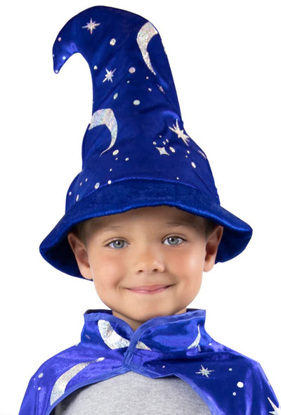 Petites aventures - chapeau de sorcier bleu royal - chapeau doux avec étoiles et lunes