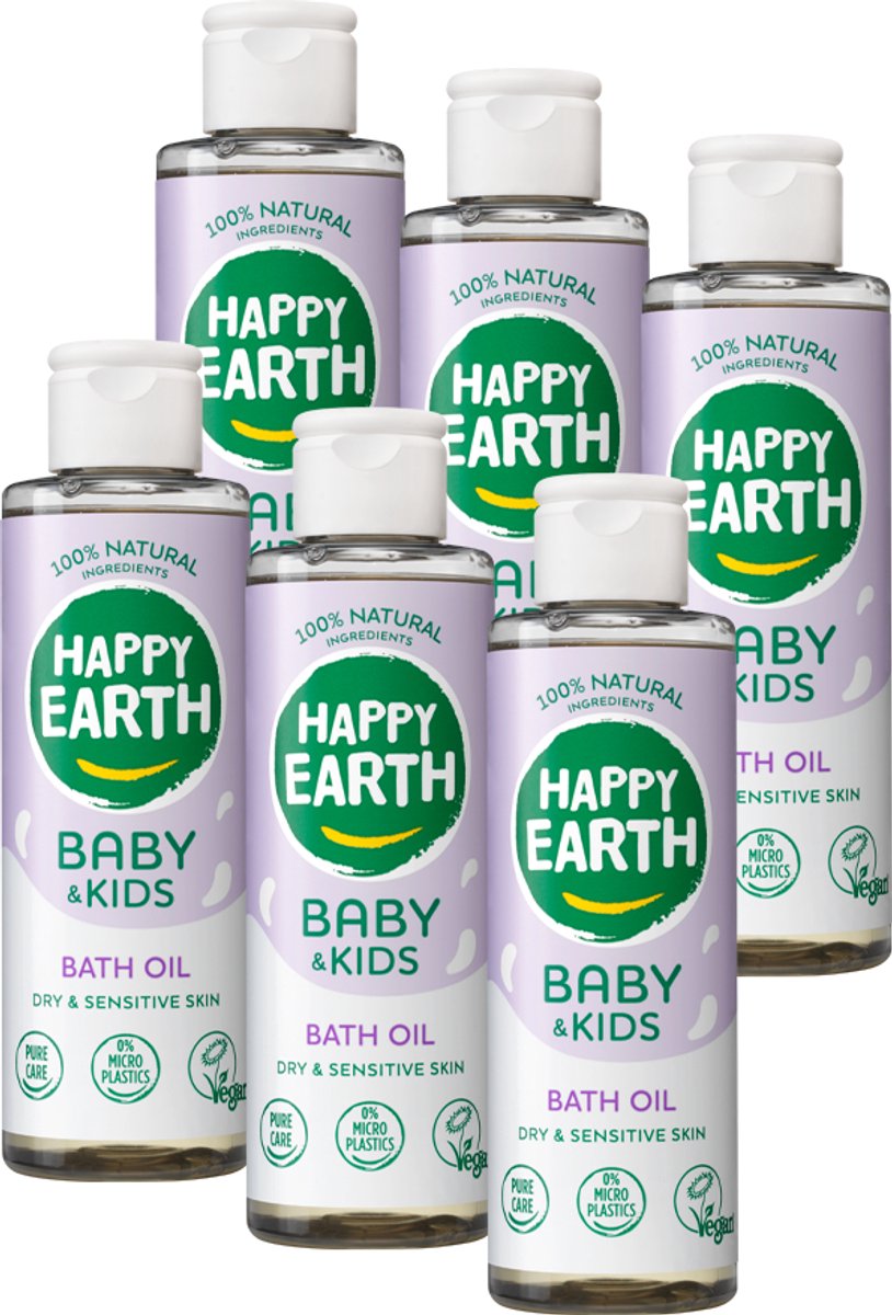 Huile de bain Happy Earth Bundle pour bébés et enfants - 100 % naturelle - sans microplastique - soins pour bébé - avec adoucissant pour la peau à base de plantes - convient aux nouveau-nés - 6x150 ml - pack économique