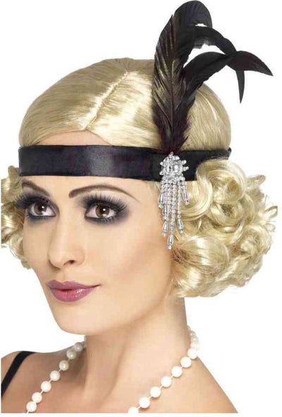 Bandeau Smiffys noir avec plumes | bandeau charleston en satin noir