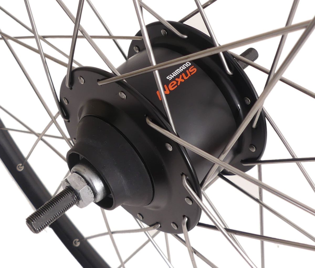 Roue arrière 28 NEXUS 8 HUB ROLLERBRAKE avec jante noire et rayons en acier inoxydable